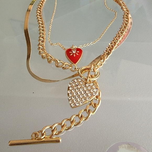 NEW Heart Pendant rhinestone Triple Layered Necklace - Picture 6 of 9